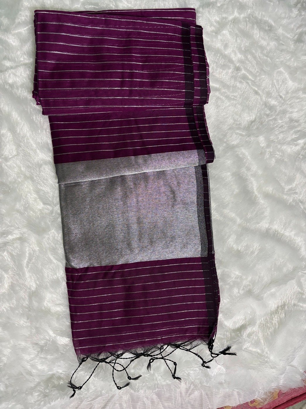 Wine Plum Silver Zari Linen Silk Saree